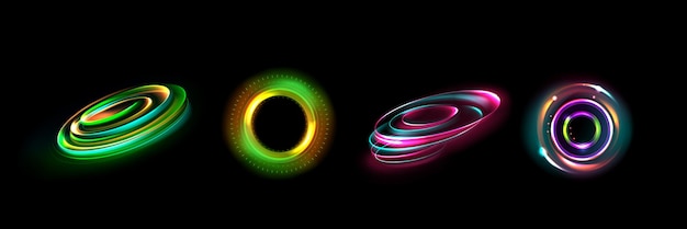 Gratis vector neon optische halo fakkels met licht gloed vector effect cirkel energie flare gloed abstract frame met 3d glans digitale fantasie portal swirl vorm illustratie mooie roze bol twist element