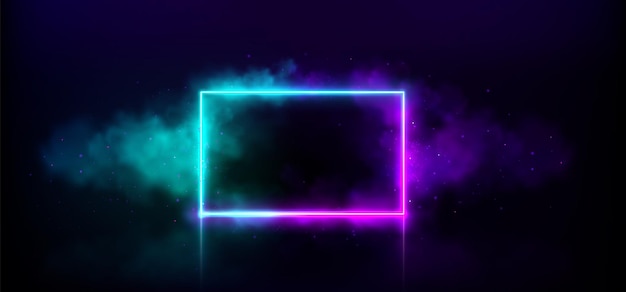 Gratis vector neon rechthoekige deur licht spel frame met rook magic vierkante futuristische grens met led vonk voor muziek club party design 3d abstracte laser smokey kamer in paars en blauw met kosmische vorm