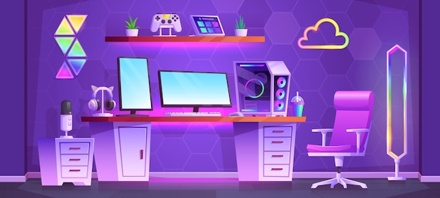 Neon tiener streamer kamer interieur met bureau en pc