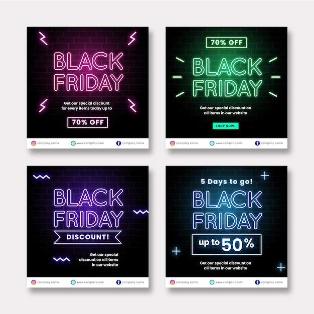 Gratis vector neon zwarte vrijdag instagram-berichtenverzameling