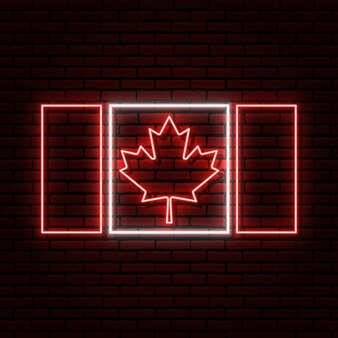 Neonteken in de vorm van de vlag van canada. tegen de achtergrond van een bakstenen muur met een schaduw. voor het ontwerp van een toeristisch of patriottisch thema. rode en witte kleuren.