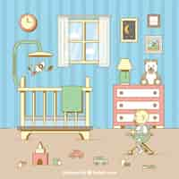 Gratis vector nette kamer met baby in plat ontwerp