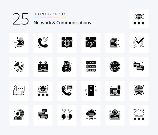 Netwerk en communicatie 25 solid glyph-pictogrampakket inclusief webcomputersignaalwebsitelink