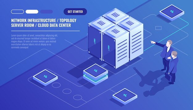 Netwerkinfrastructuur, serverruimte-topologie, cloud-datacenter, twee zakenman