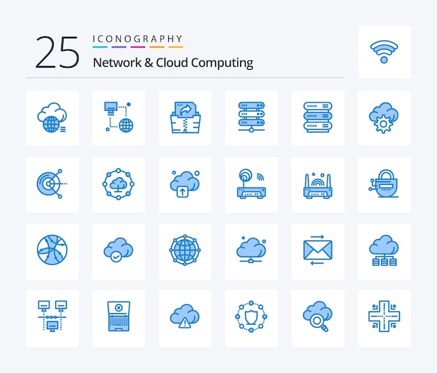 Network And Cloud Computing 25 Blue Color icon pack inclusief versnellingsopslagmonitor netwerkcomputing