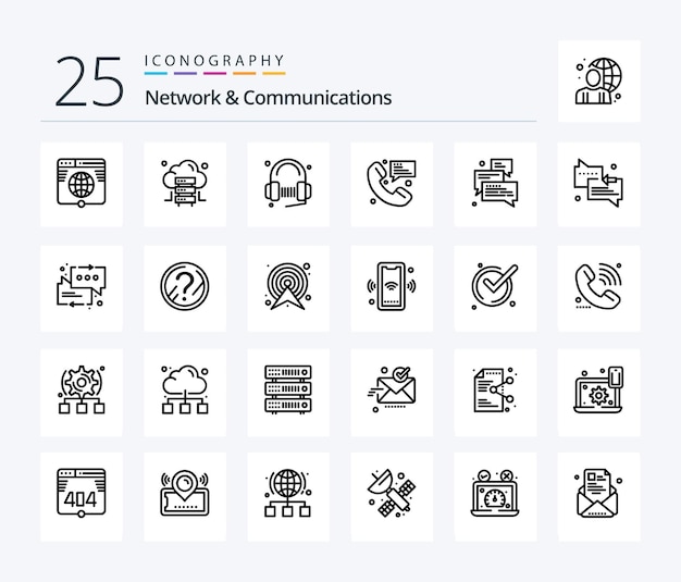 Network And Communications 25 Line icon pack inclusief berichtenbericht klantcontactnummer