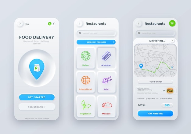 Neumorphic app-interface voor eten bestellen en bezorgen