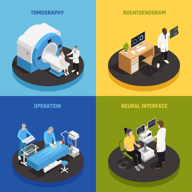 Gratis vector neurologie concept pictogrammen instellen met neurale interface symbolen isometrisch geïsoleerd