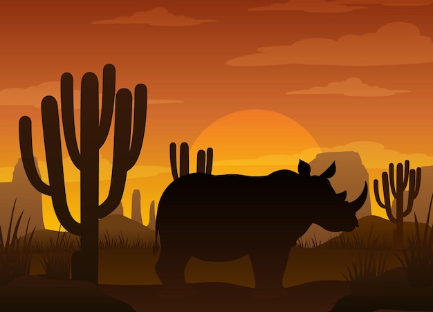 Gratis vector neushoorn silhouet in savannebos