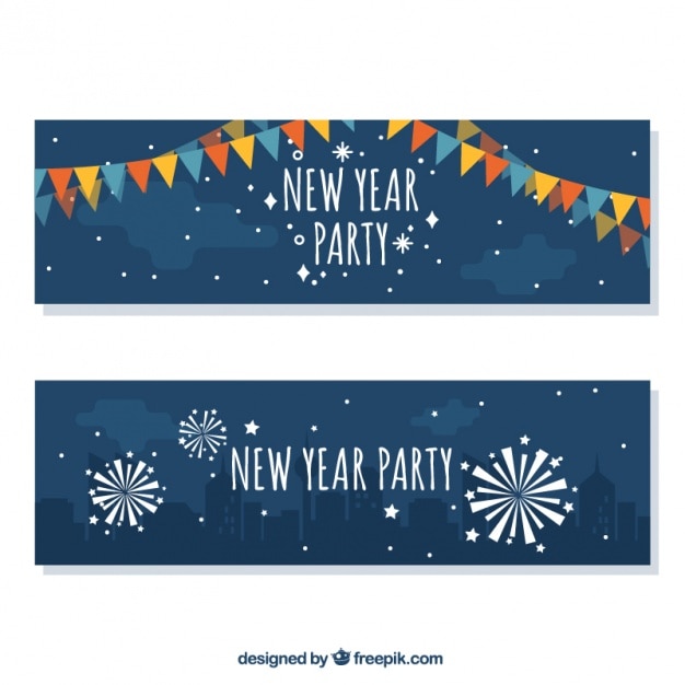 Gratis vector new year banners met slingers en vuurwerk