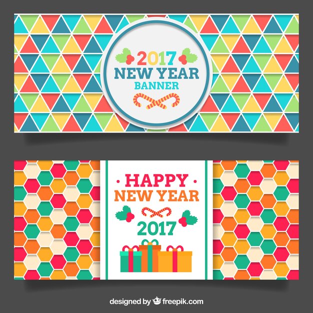 New year banners van driehoeken en zeshoeken