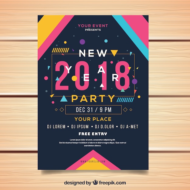 Gratis vector new year's party flyer in memphis stijl