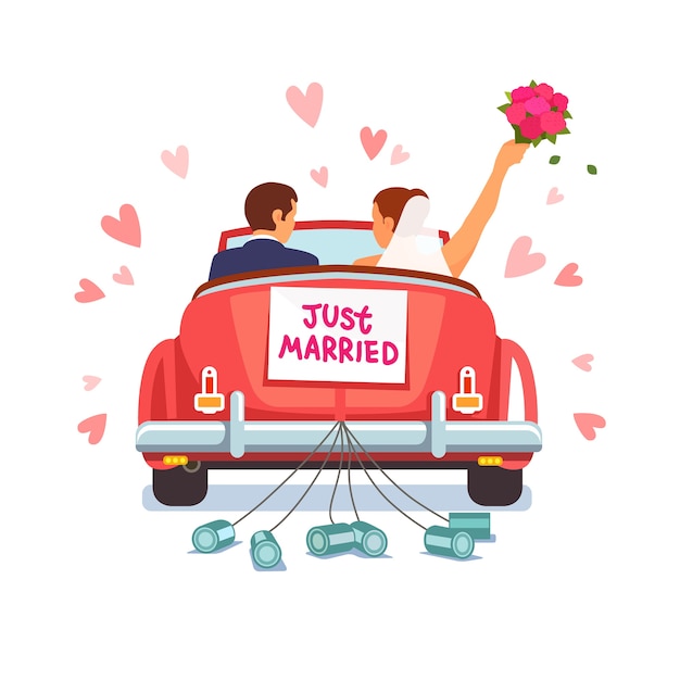 Gratis vector newlywed paar is auto rijden voor hun huwelijksreis