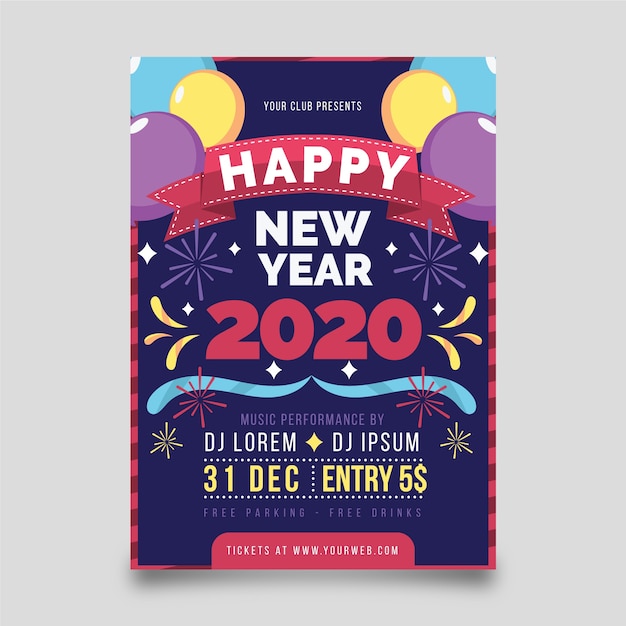 Nieuw jaar 2020 party flyer sjabloon in plat ontwerp