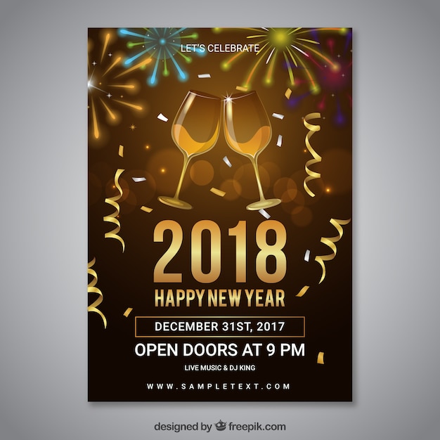 Gratis vector nieuw jaar feest poster sjabloon met champagneglazen