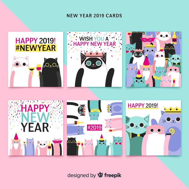 Nieuw jaar hand getrokken katten kaarten pack