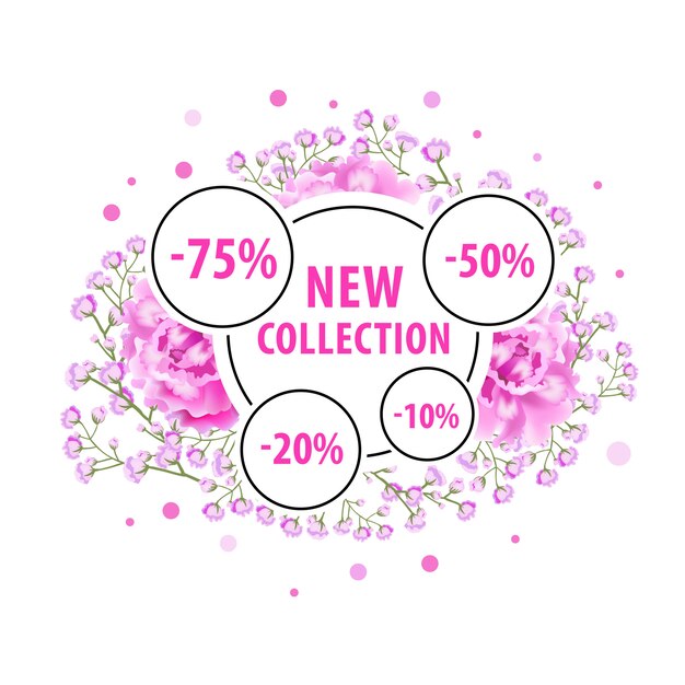 Nieuw labelontwerp met roze bloemen, stippen en kortingsstickers.