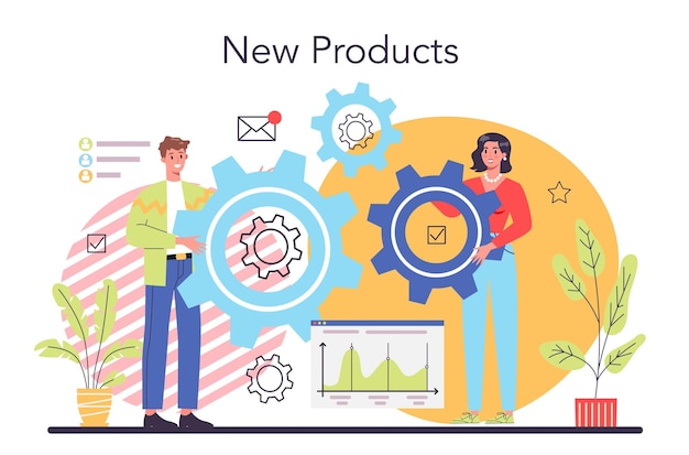 Nieuw productconcept Start bedrijfsontwikkelingsidee Ondernemerschapsconcept Idee van projectplanning, promotiebeheer en marketing Vectorillustratie in cartoonstijl