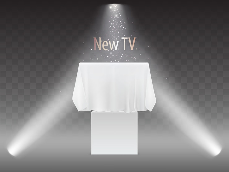 Gratis Vector nieuw tv-concept, tentoonstelling met scherm in lichten van projectoren. bespotten van plasmatelevisie