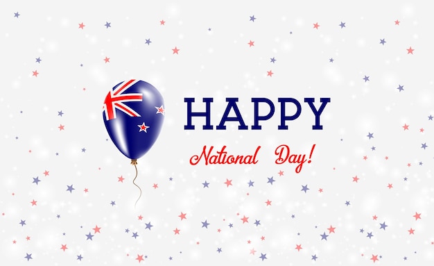 Nieuw-zeelandse nationale feestdag patriottische poster. vliegende rubberen ballon in de kleuren van de nieuw-zeelandse vlag. nationale feestdag van nieuw-zeeland achtergrond met ballon, confetti, sterren, bokeh en sparkles.