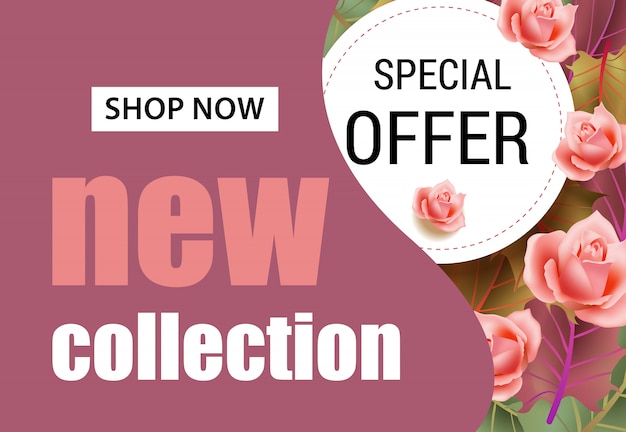 Nieuwe collectie letters met roze rozen. Seizoensaanbieding of verkoopreclame