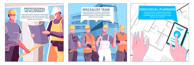 Nieuwe gebouwenillustratie met drie specialistische teams en individuele planningskoppen