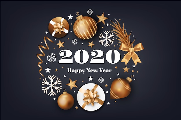 Gratis vector nieuwe jaar 2020-achtergrond met realistische gouden decoratie