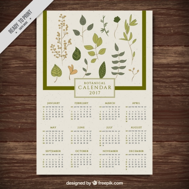 Gratis vector nieuwe jaarkalender met de hand getekende bladeren