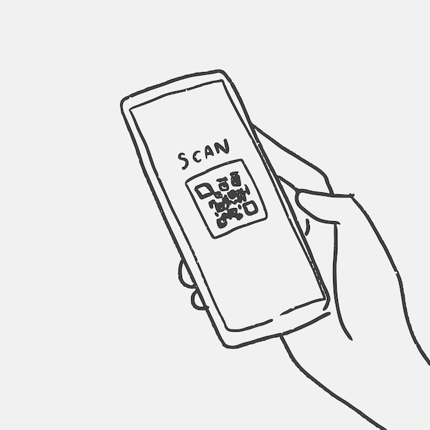 Nieuwe normale doodle vector, qr-code scannen concept