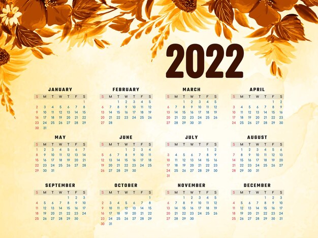 Nieuwjaar 2022 kalender aquarel bloem ontwerp vector