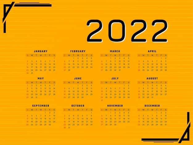 Nieuwjaar 2022 kalender geel modern design vector