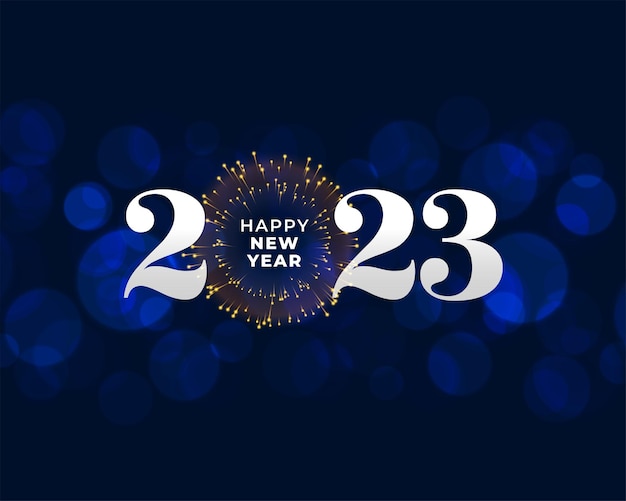 Gratis vector nieuwjaar 2023 evenement banner met vuurwerk ontwerp in bokeh effect achtergrond vectorillustratie