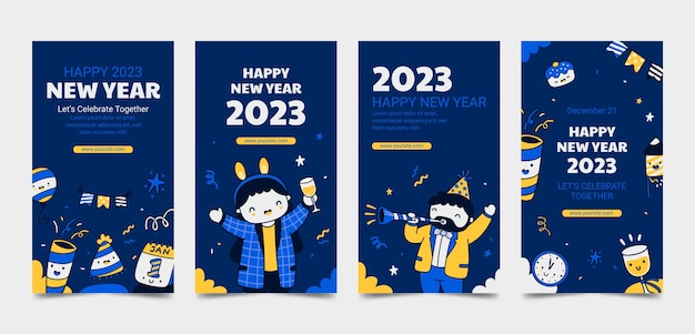 Gratis vector nieuwjaar 2023 viering instagram verhalencollectie