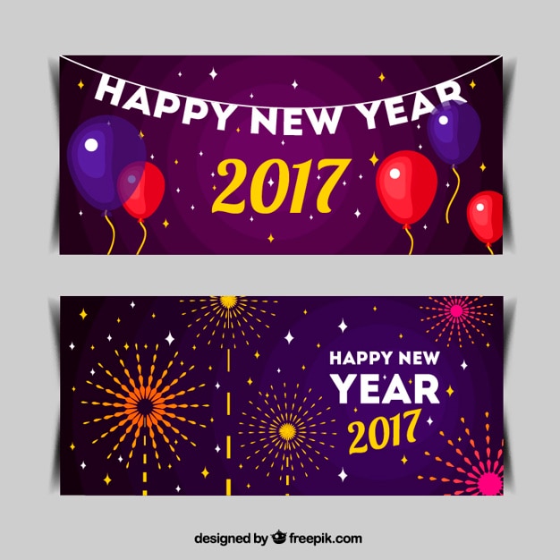 Gratis vector nieuwjaar banners ballonnen en vuurwerk