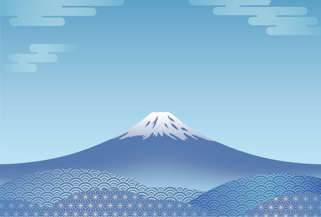 Nieuwjaarskaart Vector sjabloon met blauwe Mount Fuji versierd met vintage Japanse patronen.