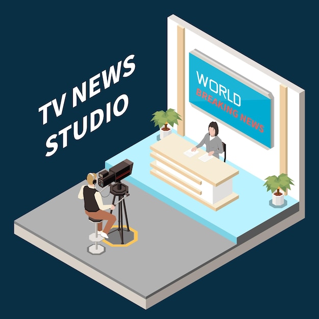 Nieuwsmedia isometrisch concept met journalist in tv-studio vectorillustratie