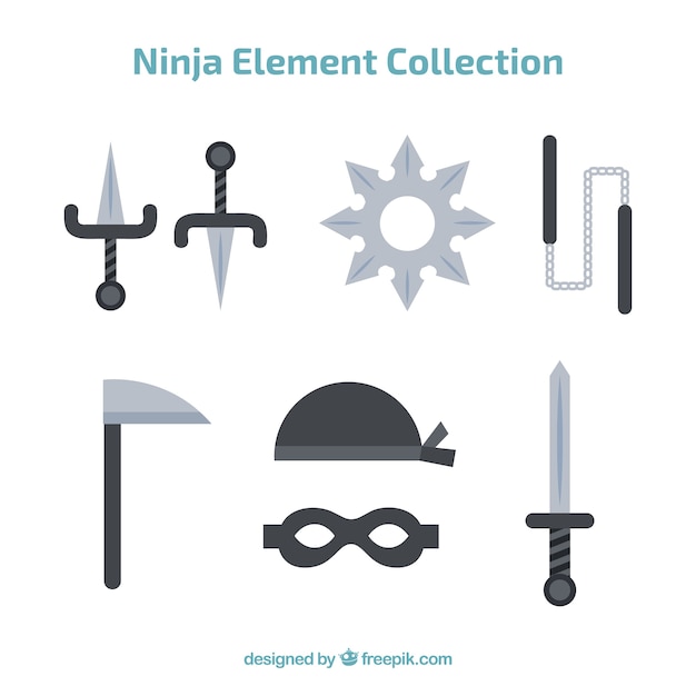 Ninja-elementencollectie met plat ontwerp