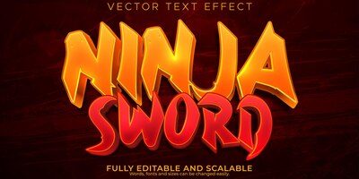 Ninja zwaard teksteffect bewerkbare krijger en cartoon tekststijl