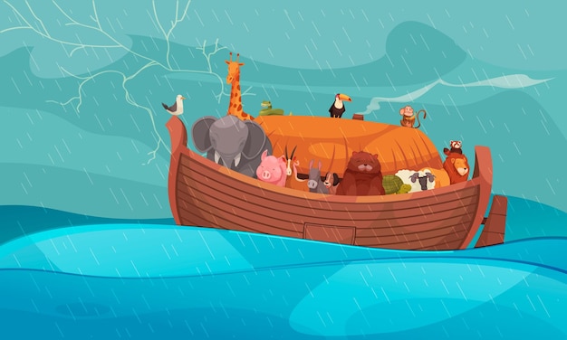 Gratis vector noahs ark met huisdieren tijdens storm op zee egale kleur achtergrond cartoon vectorillustratie