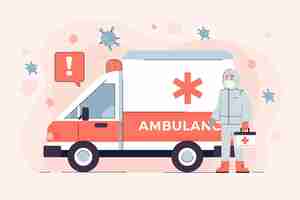 Gratis vector nood ambulance busje en persoon in hazmat pak