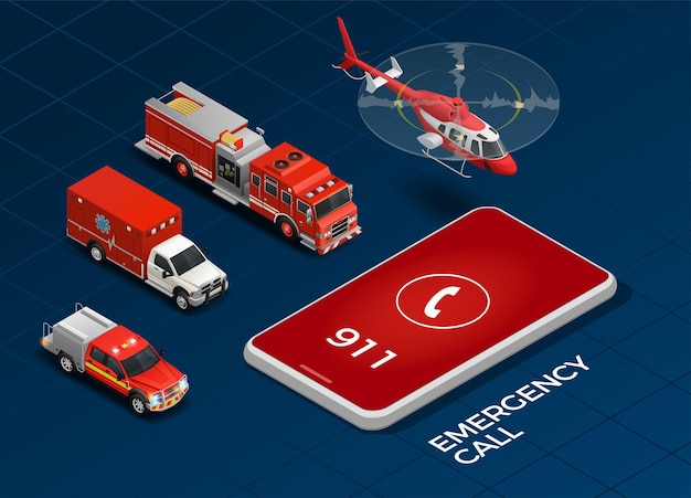 Gratis vector noodoproep en vervoer met helikopter ambulance brandweerwagen isometrische set geïsoleerd op blauwe achtergrond 3d vectorillustratie