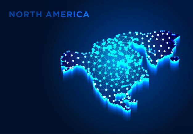 Noord-amerika continent in blauwe silhouet abstracte laag poly ontwerpen van lijn en punt draadframe vectorillustratie