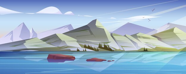 Noords landschap met meer en bergketen Vectorbeeldverhaalillustratie van Scandinavische natuurscène met rotsenbezinning in waterstenen in rivier en vliegende vogels