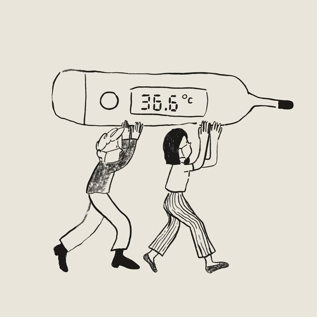 Normale lichaamstemperatuur element mensen dragen thermometer gezondheidszorg doodle