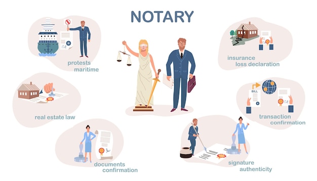 Gratis vector notaris platte infographics met geïsoleerde composities van klassieke rechtvaardigheidssymbolen van menselijke karakters en bewerkbare tekstbijschriften vectorillustratie