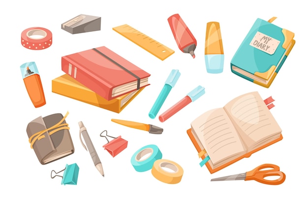 Gratis vector notebooks en schrijfgerei vector illustraties set