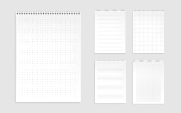 Notebookvellen, blanco pagina's met lijnen, stippen en cheques