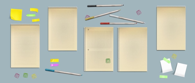 Gratis vector notitieboekjes van kraftpapier, blanco pagina's met lijnen, stippen of cheques met plaknotities,