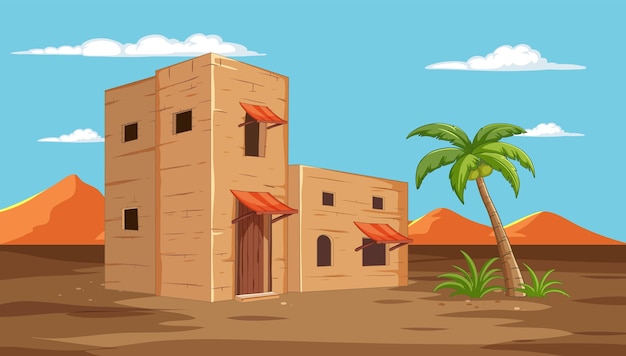 Gratis vector oasis woestijn adobe huizen illustratie