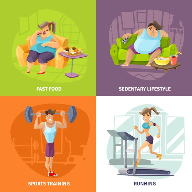 Obesitas en gezondheid concept icons set